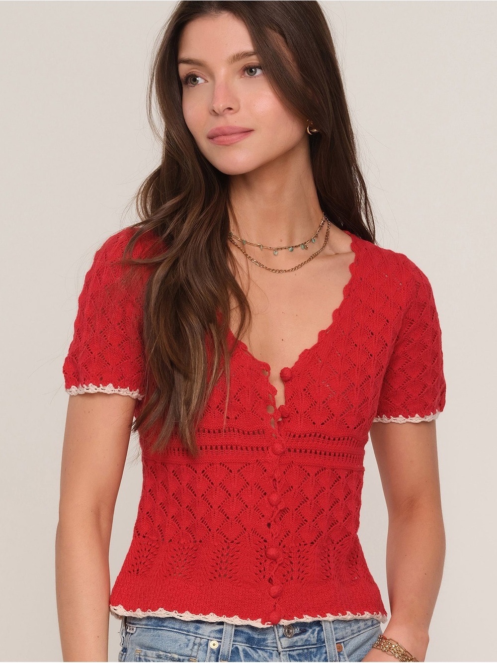 Aqua Red Aubree Cardi Crochet Knit Button-Front Short Sleeve Top with Cream Trim